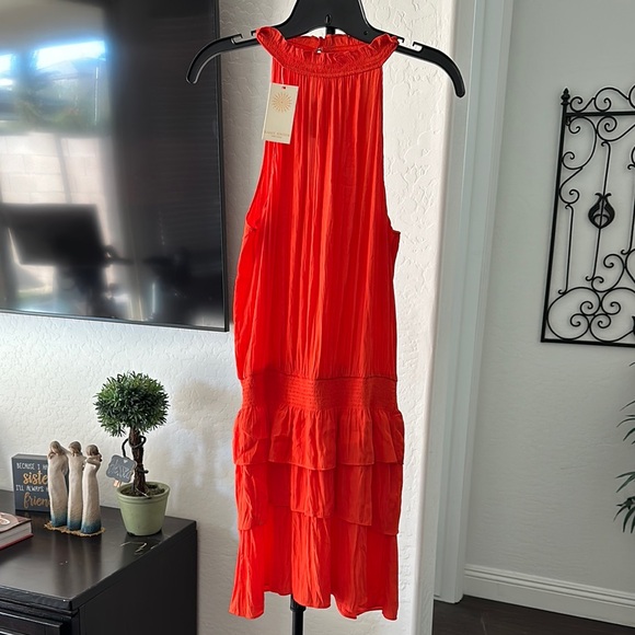 RAMY BROOK Perla Halter-Neck Smocked Waist Dress Ruffle Tiered Sunset Orange S - Picture 3 of 14